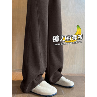 棕色羊毛阔腿裤女秋冬季新款加绒直筒小个子毛呢休闲裤子_377_316