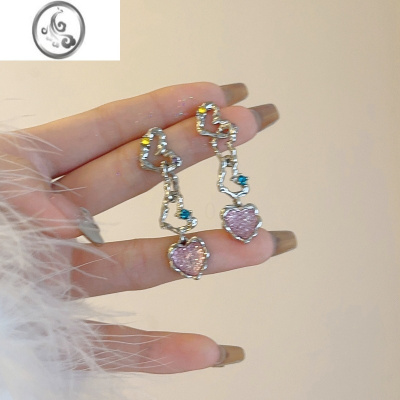 JiMi气质少女粉色爱心长款流苏耳环耳饰法式小众设计感复古耳夹无耳洞