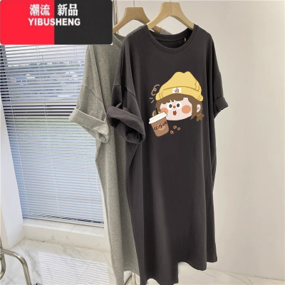 YIBUSHENG深灰色短袖t恤裙宽松韩版设计感小众大码直筒中长款连衣裙女