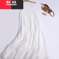YIBUSHENG2024季新款纯色宽松拼接吊带裙小清新甜美少女感压褶无袖连衣裙