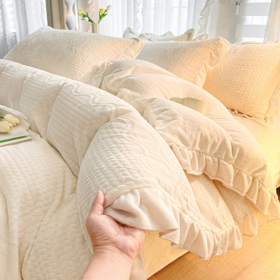 法式公主风牛奶绒四件套珊瑚绒加厚花被套双面加绒床单床品冬季