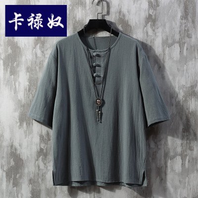 卡禄奴亚麻T恤男潮流百搭半袖打底衫中国风盘扣唐装体恤五分袖棉麻2021上衣圆领