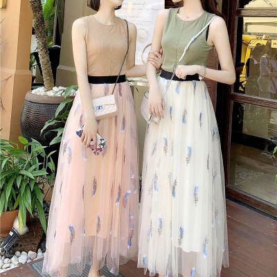 网纱中腰半身裙学生a字裙百褶裙修身显S中长款刺绣仙女裙ins超火莎丞