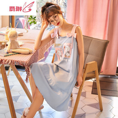 韩版可爱睡衣女士学生过膝带胸垫吊带睡裙夏季薄款夏天家居服费琳