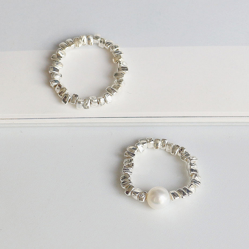 S925纯银碎银子珍珠戒指女ins潮时尚个性弹力小众设计感闭口指环送女朋友老婆情人节七夕生日礼物