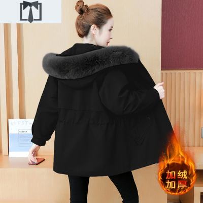 SUNTEK派克女士冬装外套秋冬2020新款风衣加绒加厚带毛领中长款棉服大衣风衣