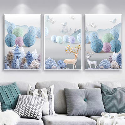 舒厅客厅装饰画北欧发财鹿三联画卧室玄关现代简约床头壁画沙发背景墙挂画酒店壁画发财鹿款H-白框连框40*60cm
