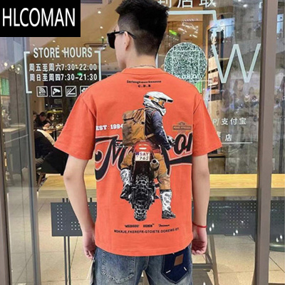 HLCOMAN后背机车印花短袖t恤男2025夏季新款男士潮牌摩托个性上衣体恤衫