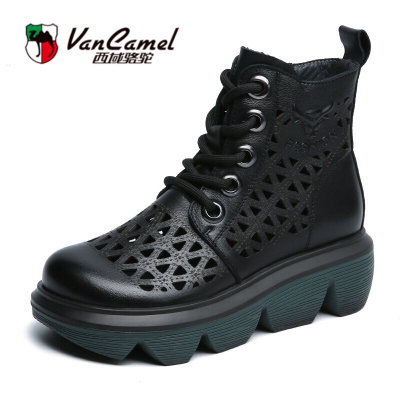 轻奢名品-品牌真皮镂空马丁靴女2021春新款厚底坡跟防水台凉靴头层牛皮高帮凉皮鞋