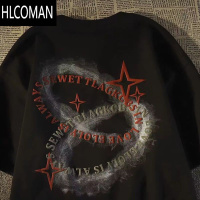 HLCOMAN国潮美式字母印花oversize短袖t恤男2024情侣新款半袖ins上衣