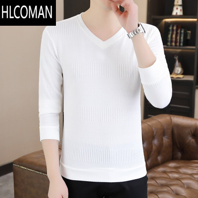 HLCOMAN男士长袖T恤新款加绒加厚p暖上衣青年纯色卫衣V领针织打底衫