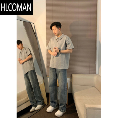 HLCOMAN灰色短袖男polo衫痞帅成熟稳重男装衬衫领t恤夏季五分袖