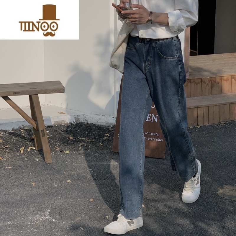 YANXUEli 复古水洗韩系丹宁牛仔裤男潮阔腿直筒ins休闲宽松松紧腰长裤
