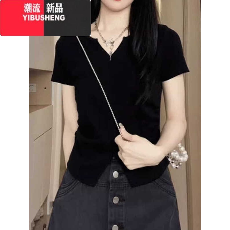 YIBUSHENG大码季设计感小众独特别致正肩短袖t恤女胖mm修身显瘦开叉上衣