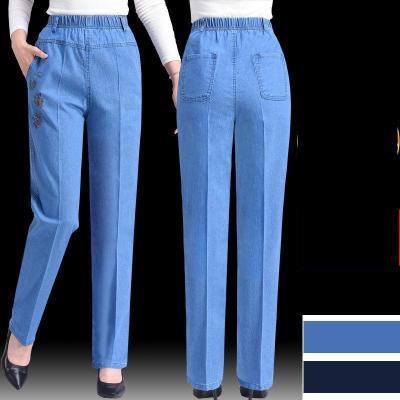 女士2021新款牛仔裤高腰直筒弹力妈妈中老年松紧腰牛仔长裤臻依缘