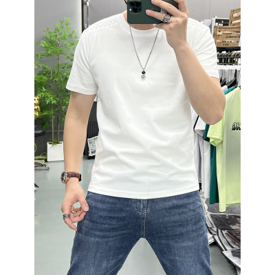 重磅净色圆领短袖T恤男夏季新款美式潮牌宽松正肩提花打底衫上衣