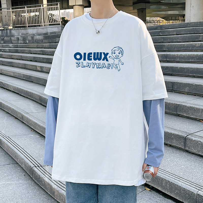 SUNTEK文艺男女店 假两件长袖t恤男宽松港风潮流百搭休闲圆领春秋季上衣T恤