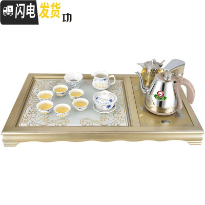 三维工匠 欧式茶具套装茶盘套装全自动一体功夫茶盘家用玻璃泡茶台 J32搭配F145赠镂空茶具(金色) 2件