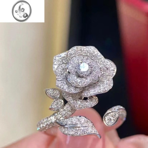 JiMivintage微镶满钻轻奢玫瑰花戒指女气质百搭ins网红山茶花指环饰品 山茶花戒指