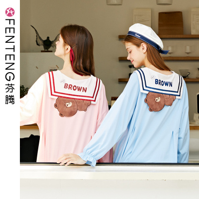 芬腾春季新款长袖布朗熊睡裙女纯棉韩版宽松大码海军风家居服长裙