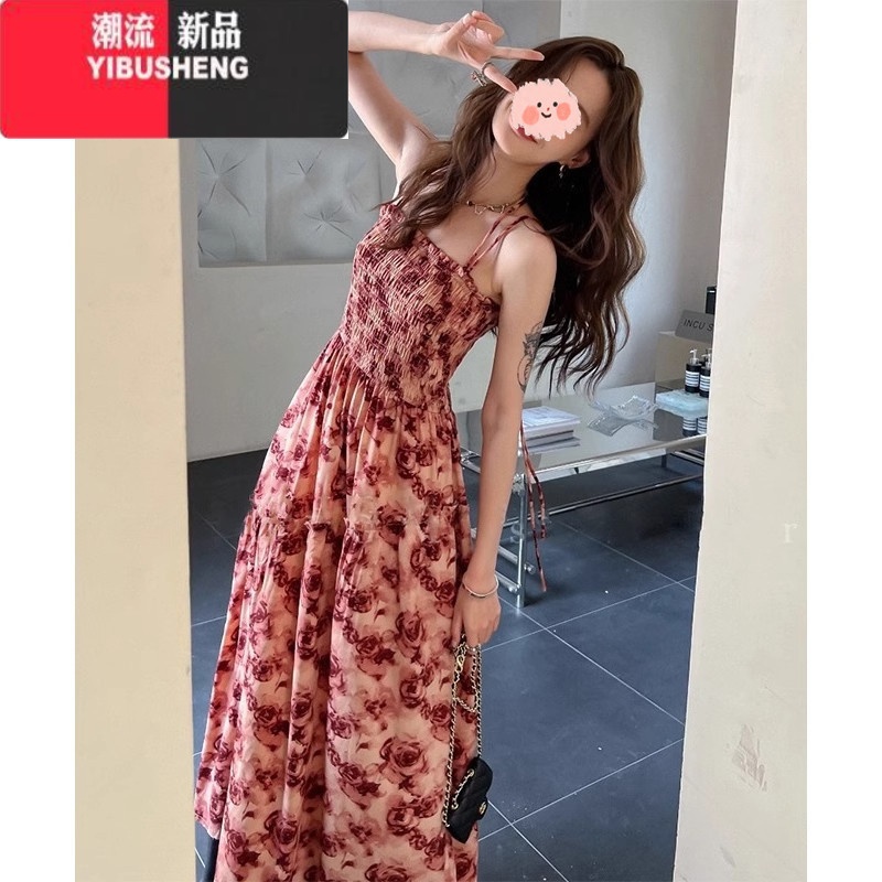 YIBUSHENG茶歇法式玫瑰碎花吊带连衣裙女装裙子季小个子海边度假收腰长裙