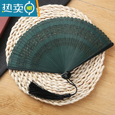 XIANCAI中国风全竹扇子古风女式随身小折扇雕刻镂空日式流苏折叠扇舞蹈扇 绿色孔雀花绿色大流苏