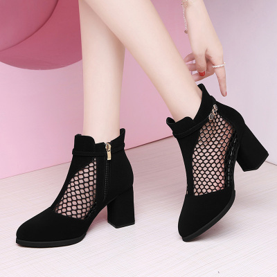 百年纪念单鞋女粗跟2020春季新款百搭休闲鞋镂空网纱女鞋高跟鞋2120