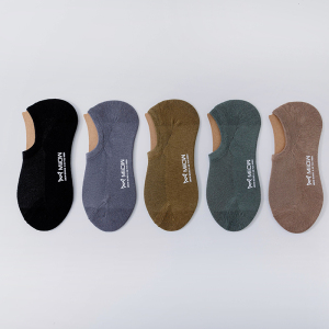 猫人男士船袜精梳棉短袜净色网眼透气休闲小短筒隐形袜无痕印花 5双装 均码