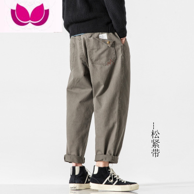 七斓美式裤子男宽松松紧腰灰色工装休闲裤日系复古直筒男大码长裤