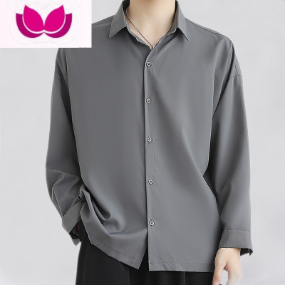 七斓港风衬衫男黑色痞帅潮流长袖宽松休闲高级垂感免烫短袖衬衣