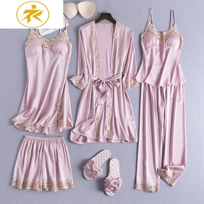 Ideamini性感睡衣女秋冬薄款冰丝绸吊带睡裙睡袍五件套带胸垫可外穿家居服