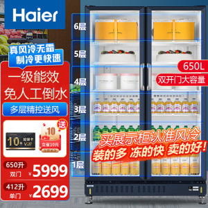 海尔展示柜冷藏保鲜柜商用立式冰柜单门/双开门三门透明玻璃冰箱超市便利店冷饮料啤酒 毛容积650升双开门约装500瓶