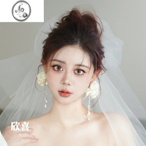 JiMi法式花苞珍珠流苏耳夹耳饰复古新娘白纱礼服跟妆气质百搭耳环配饰 模特同款耳夹