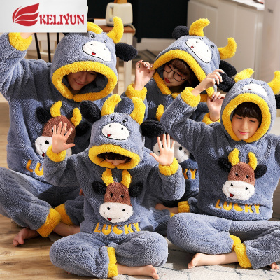 可莉允亲子装睡衣秋冬款珊瑚绒加厚加绒一家三口四口父子母女家居服套装睡衣