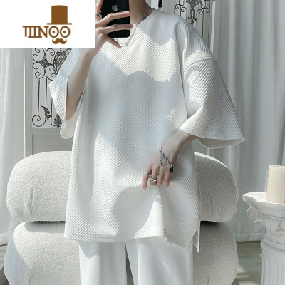 YANXU320g华夫格短袖t恤男士夏季潮牌宽松大码款长袖衣服男款