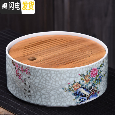 三维工匠家用简约功夫茶具扒花干泡大号茶盘套装储水日式竹制茶托盘 大号淡青花语干泡盘