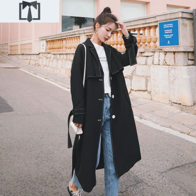 SUNTEK黑色风衣女中长款2021春秋新款赫本风宽松显瘦英伦气质流行外套潮风衣