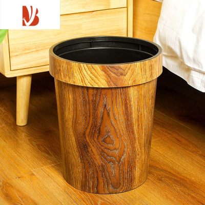 三维工匠复古仿木纹垃圾桶家用客厅厨房无盖大号创意塑料带压圈卫生间纸篓