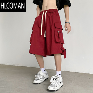 HLCOMAN美式复古酒红色工装短裤男夏季潮牌机能裤子宽松阔腿过膝六七分裤