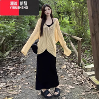 YIBUSHENG法式黑色收腰挂脖吊带连衣裙子女气质高级感2024春秋新款套装长裙