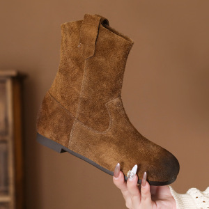 头层牛皮短靴女秋冬新款复古西部牛仔靴圆头百搭套筒女靴平底