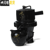 三维工匠石磨半自动功夫茶具套装陶瓷家用创意简约懒人泡茶器防烫茶壶茶海 浅灰色黑色荷花配公道杯
