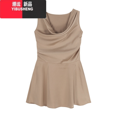 YIBUSHENG纯欲风荡领背心连衣裙女季缎面褶皱短裙高级感收腰显瘦a字裙子