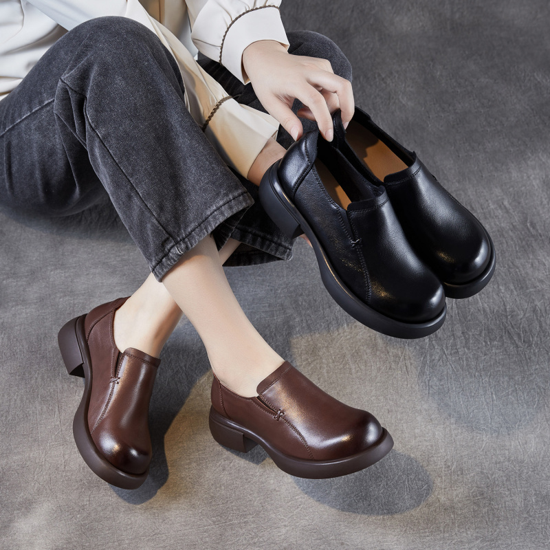 真皮简约圆头粗跟乐福鞋女春秋季新款厚底单鞋英伦休闲小皮鞋