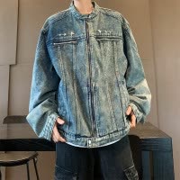 男装短款垫肩牛仔外套美式高街痞帅潮牌立领水洗牛仔衣夹克男外套