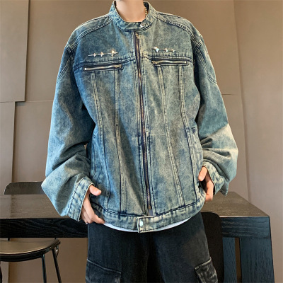 男装短款垫肩牛仔外套美式高街痞帅潮牌立领水洗牛仔衣夹克男外套