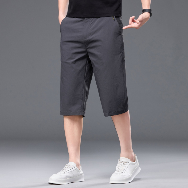 2026男装7分裤抽绳腰宽松冰丝休闲中裤男薄款速干拉链口袋男裤潮