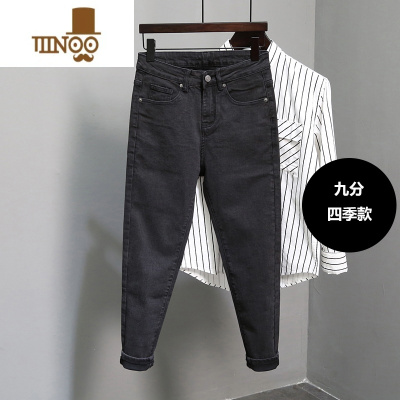 YANXU男士九分牛仔裤潮牌2023新款黑色长裤美式复古修身小脚裤子