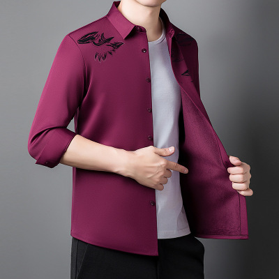 新款衬衫年秋冬男装加绒衬衫方领直筒型时尚都市中青年上衣