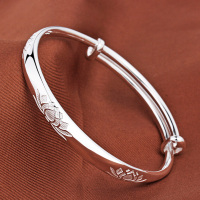 年轻款时尚手镯9999纯银女民族风莲花推拉可调节银手环饰品银镯子送女朋友老婆情人节七夕生日礼物